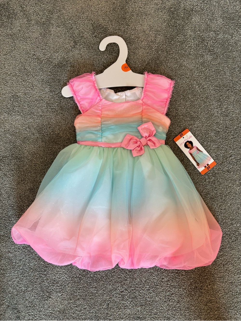 Toddler Rainbow Pastel Tulle Party Dress with Pink Bow